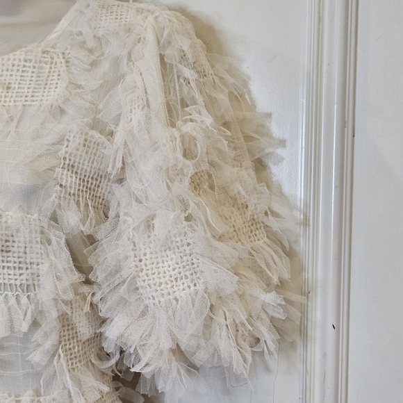 Endless Rose Cream Abstract Textured Mesh Puff Sleeve Mini Dress,Medium - Picture 7 of 16